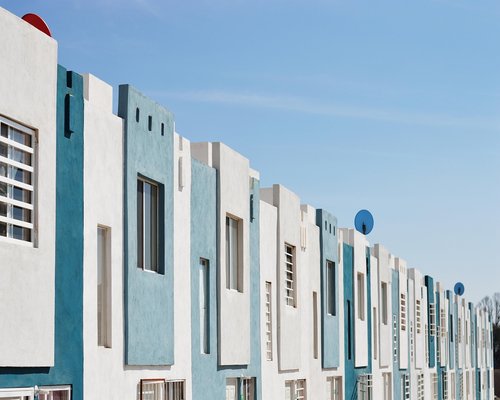 A row of modern architectural details in central Warsaw street capturing daylight
